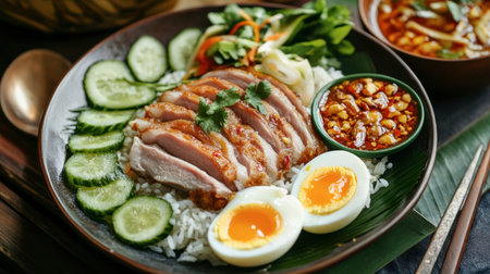 A plate of savory pork leg rice served with soft-boiled eggs, pickled vegetables, and a side of broth, a Thai comfort food favorite.の素材