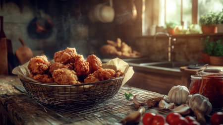 A rustic kitchen scene with a basket of fried chicken cooling on a wire rack, surrounded by fresh ingredients.の素材