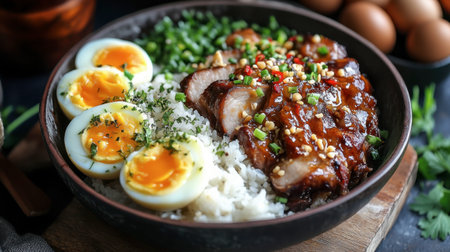 A satisfying meal of pork leg rice, featuring juicy pork, soft-boiled eggs, and fragrant jasmine rice, perfect for a hearty lunch.の素材