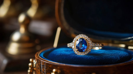 A stunning sapphire ring resting on an open jewelry box, showcasing its brilliance.の素材