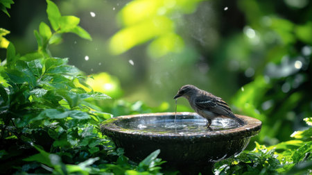 A serene scene of a beautiful little bird drinking water from a birdbath, surrounded by lush green foliage.の素材