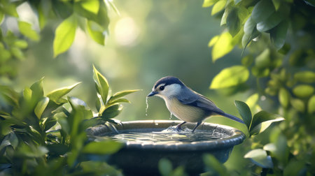 A serene scene of a beautiful little bird drinking water from a birdbath, surrounded by lush green foliage.の素材