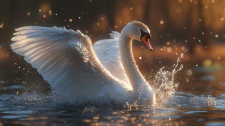 A swan majestically stretching its wings after a swim, droplets of water splashing around.の素材