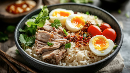A satisfying meal of pork leg rice, featuring juicy pork, soft-boiled eggs, and fragrant jasmine rice, perfect for a hearty lunch.の素材
