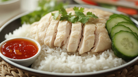 A satisfying plate of steamed rice with perfectly cooked chicken, accompanied by fresh cucumber slices and a tangy dipping sauce.の素材