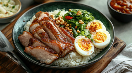 A satisfying meal of pork leg rice, featuring juicy pork, soft-boiled eggs, and fragrant jasmine rice, perfect for a hearty lunch.の素材