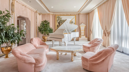 A stunning princess-themed living room with a grand white piano, pink velvet furniture, and gold-accented decor.の素材