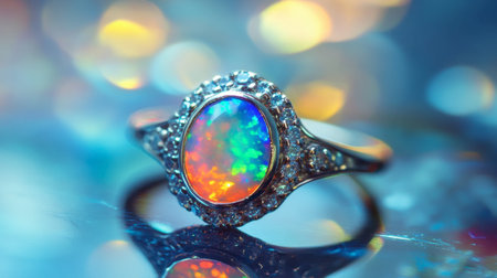 A stunning opal ring reflecting various colors of light, displayed on a reflective surface.の素材