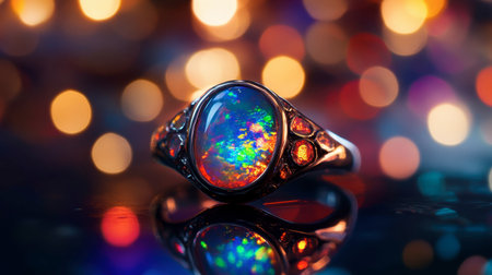 A stunning opal ring reflecting various colors of light, displayed on a reflective surface.の素材
