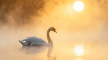 A swan elegantly floating on a foggy lake at sunrise, creating a magical and serene atmosphere.の素材