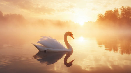A swan elegantly floating on a foggy lake at sunrise, creating a magical and serene atmosphere.の素材