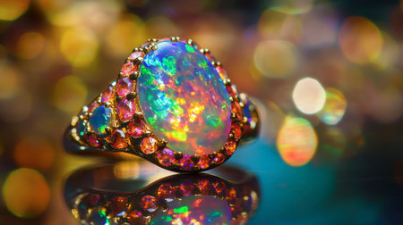 A stunning opal ring reflecting various colors of light, displayed on a reflective surface.の素材