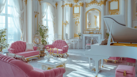 A stunning princess-themed living room with a grand white piano, pink velvet furniture, and gold-accented decor.の素材