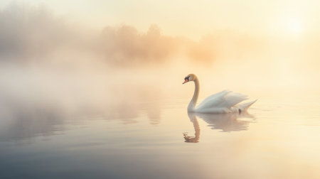 A swan elegantly floating on a foggy lake at sunrise, creating a magical and serene atmosphere.の素材