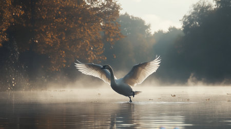 A swan gracefully landing on a still lake, its wings gently brushing the surface of the water.の素材