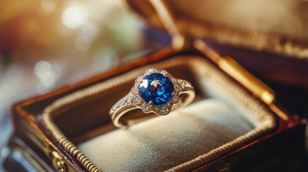 A stunning sapphire ring resting on an open jewelry box, showcasing its brilliance.の素材