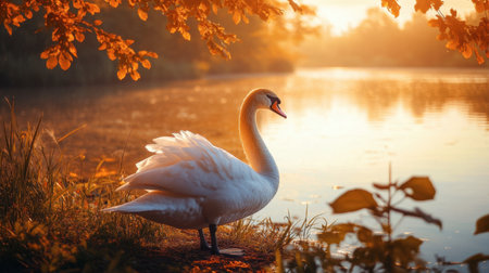 A swan standing on the edge of a lake, its feathers shining in the golden light of the setting sun.の素材