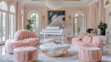 A stunning princess-themed living room with a grand white piano, pink velvet furniture, and gold-accented decor.の素材