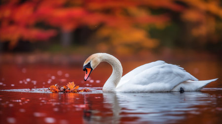 A swan dipping its beak into the water to catch food, while gliding gracefully in a pond.の素材