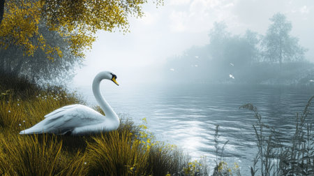 A swan perched elegantly on a grassy riverbank, looking out at the peaceful water.の素材
