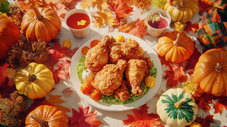 A vibrant autumn picnic featuring fried chicken as the main dish, surrounded by pumpkins and colorful leaves.の素材