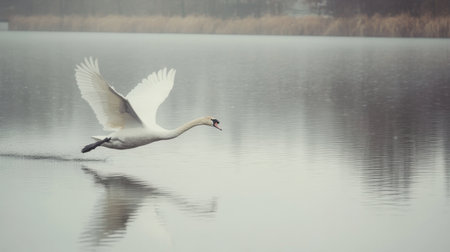 A swan taking off from a calm lake, its wings spread wide as it lifts into the air.の素材