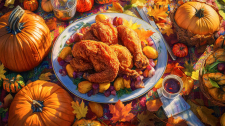 A vibrant autumn picnic featuring fried chicken as the main dish, surrounded by pumpkins and colorful leaves.の素材