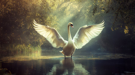 A swan standing tall with its wings spread wide, preparing for flight on a quiet pond.の素材