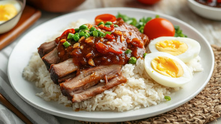 A traditional pork leg rice meal served with fragrant jasmine rice, tender pork, and soft-boiled eggs on a white plate.の素材