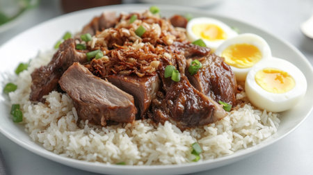 A traditional pork leg rice meal served with fragrant jasmine rice, tender pork, and soft-boiled eggs on a white plate.の素材