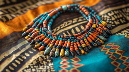 A tribal-style necklace with bold beads and intricate patterns displayed on a fabric background.の素材