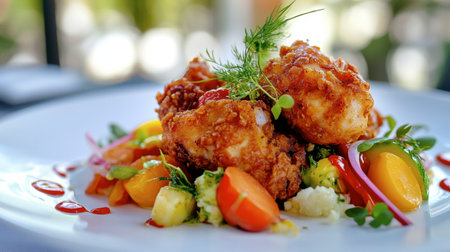 A vibrant and inviting fried chicken dish served with seasonal vegetables, emphasizing freshness and flavor.の素材