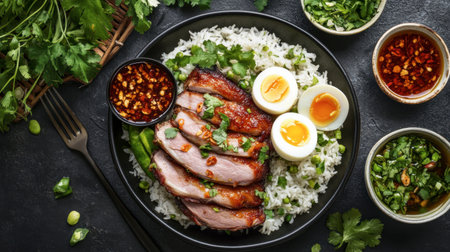A traditional Thai pork leg rice dish, served with tender pork, soft-boiled eggs, and a spicy dipping sauce.の素材