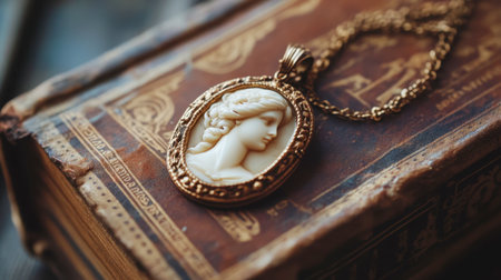 A vintage cameo necklace lying on an antique book, creating a sense of history and charm.の素材
