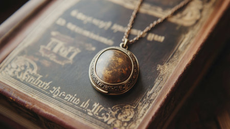 A vintage locket necklace resting on an old book, creating a nostalgic atmosphere.の素材