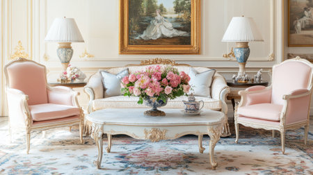 An elegant princess living room featuring an antique coffee table, pastel pink furniture, and a grand floral centerpiece.の素材