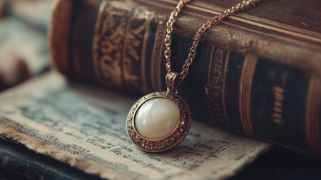 A vintage locket necklace resting on an old book, creating a nostalgic atmosphere.の素材