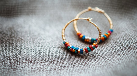 Hoop earrings with colorful beads lying on a textured fabric background.の素材