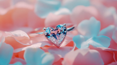 An engagement ring with a heart-shaped diamond, nestled among soft petals on a pastel background.の素材