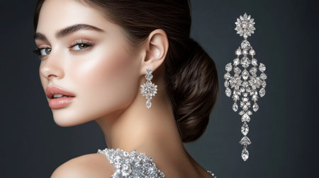 A woman showcasing her sparkling chandelier earrings, paired with an evening gown.の素材