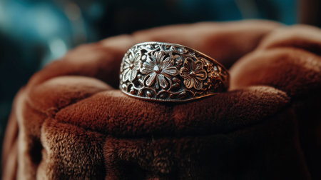 A vintage-style ring with intricate floral designs, displayed on a velvet cushion for an elegant touch.の素材