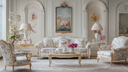 A vintage-inspired princess living room with floral upholstery, delicate china, and elegant lighting fixtures.の素材