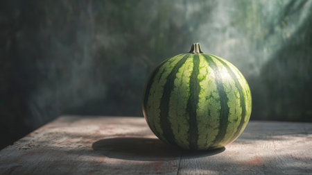 An artistic shot of watermelon skin, showcasing its bright green exterior and striped patterns, lying on a wooden table.の素材