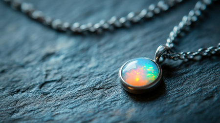 An opal pendant necklace resting on a clean slate surface, capturing its natural iridescence.の素材