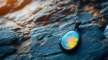 An opal pendant necklace resting on a clean slate surface, capturing its natural iridescence.の素材
