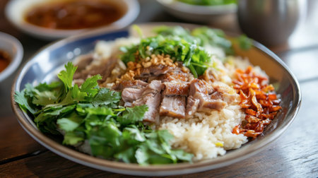Delicious pork leg rice with tender braised pork, fragrant jasmine rice, and fresh greens, plated beautifully for a perfect meal.の素材