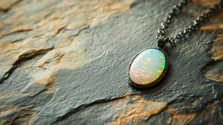 An opal pendant necklace resting on a clean slate surface, capturing its natural iridescence.の素材