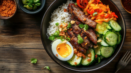 Traditional Thai pork leg rice served with tender pork, jasmine rice, boiled eggs, and fresh vegetables, all on a rustic wooden table.の素材