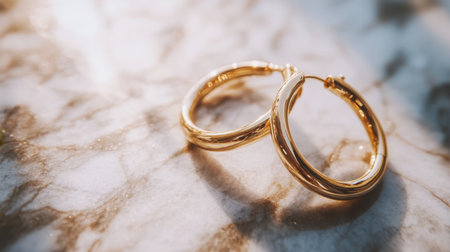 Gold hoop earrings displayed on a marble surface with soft lighting creating a luxurious feel.の素材