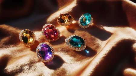 Colorful gemstone earrings displayed on a soft velvet background.の素材